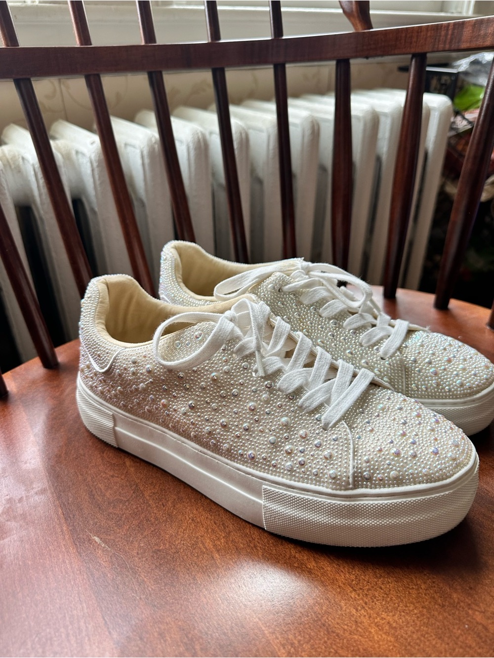 Betsey Johnson White Crystal-Embellished Lace-Up Sneakers - Picture 2 of 4